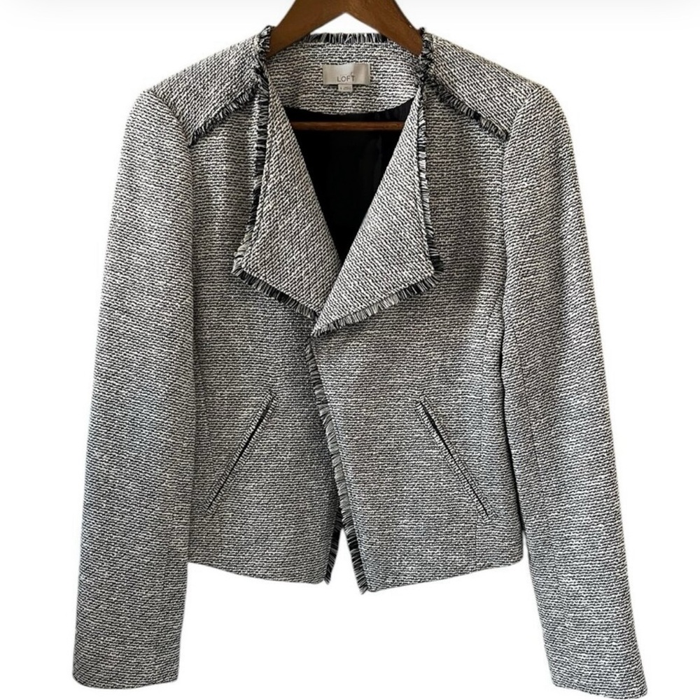 LOFT Textured Tweed Open Front Blazer with Fringe Trim | Jacket Size 2 Petite